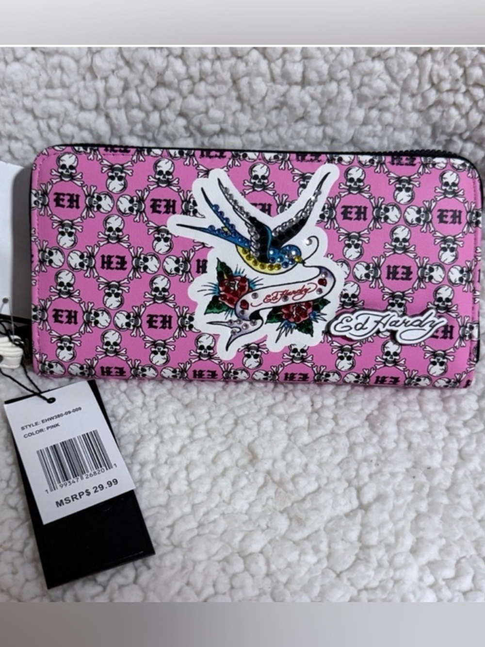 NWT Ed Hardy Pink Skull & Swallow Wristlet Wallet